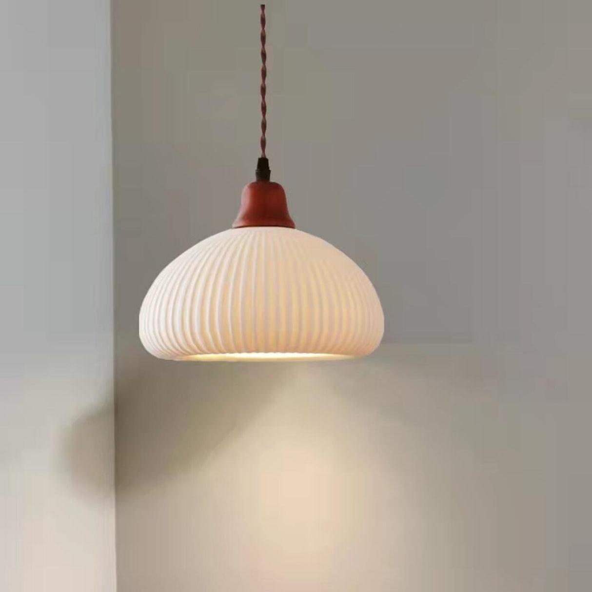 White Ceramic Ribbed Pendant Light Adjustable Height Image - 7