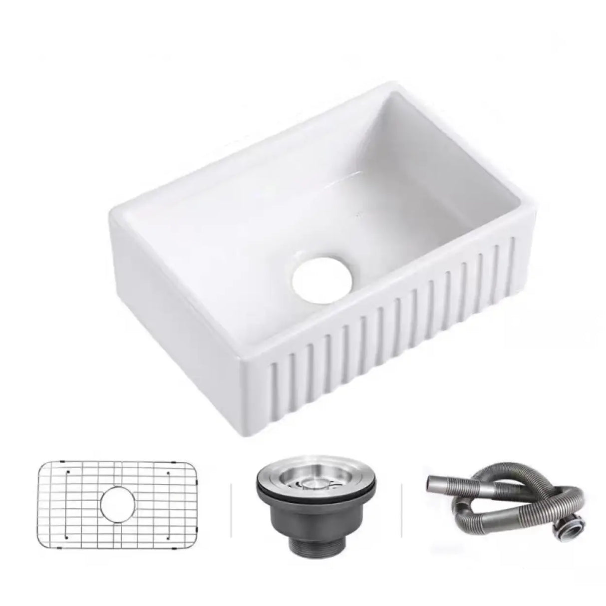 White Ceramic Stripe Kitchen Sink with Basket Strainer Image - 11