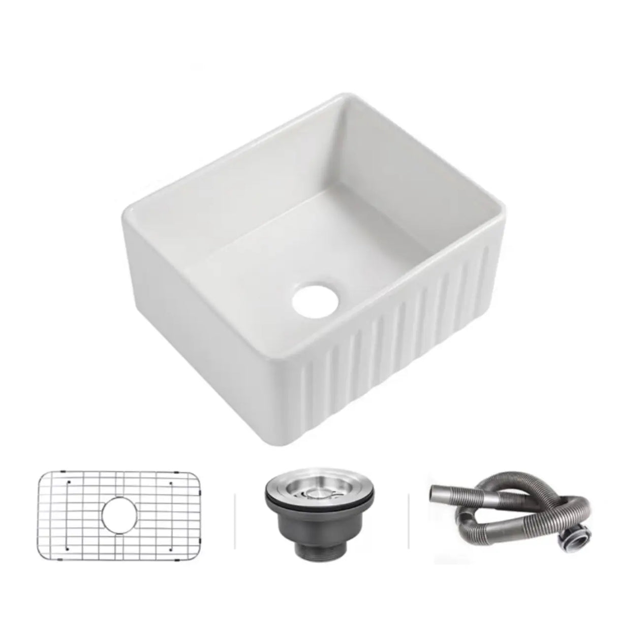 White Ceramic Stripe Kitchen Sink with Basket Strainer Image - 14