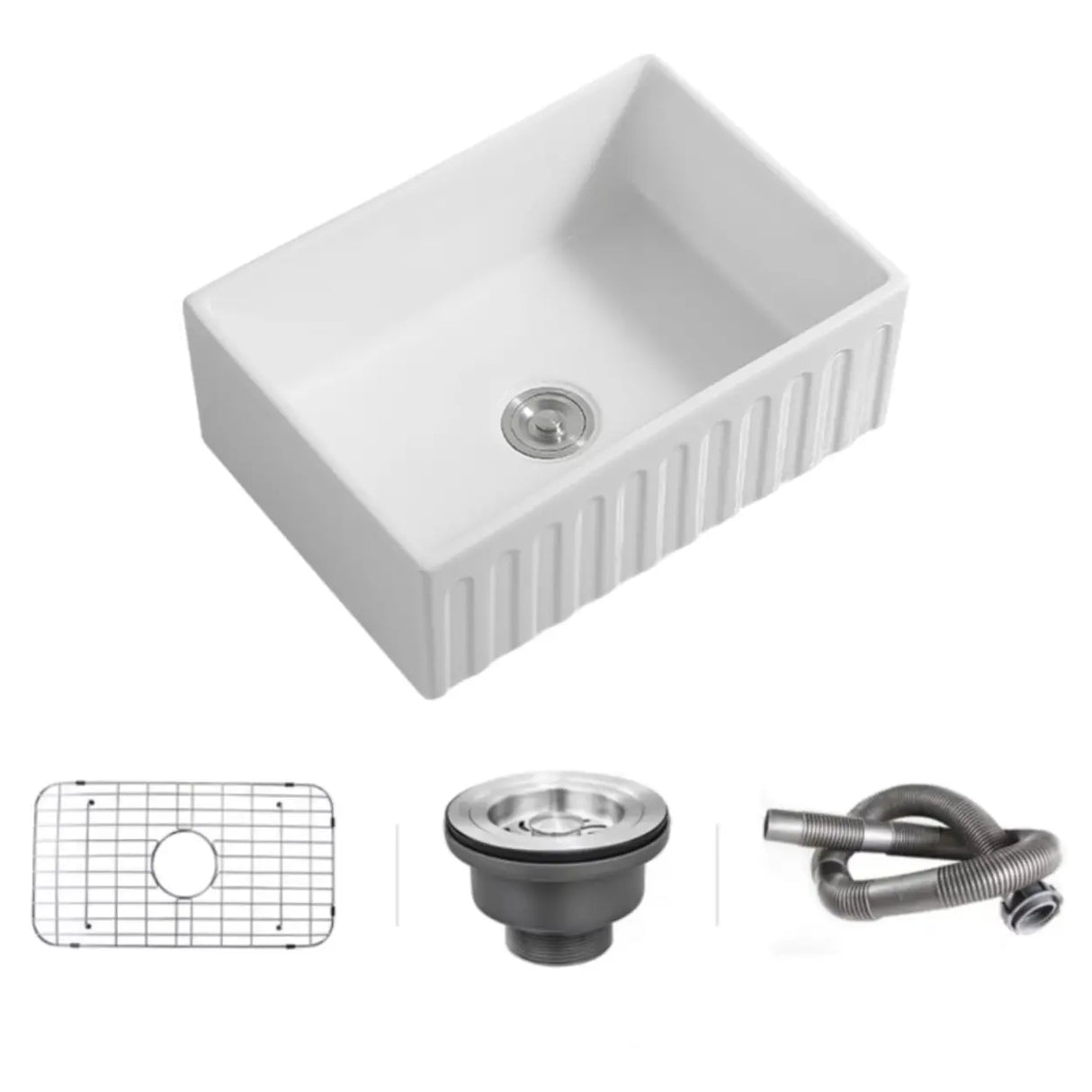White Ceramic Stripe Kitchen Sink with Basket Strainer Image - 15