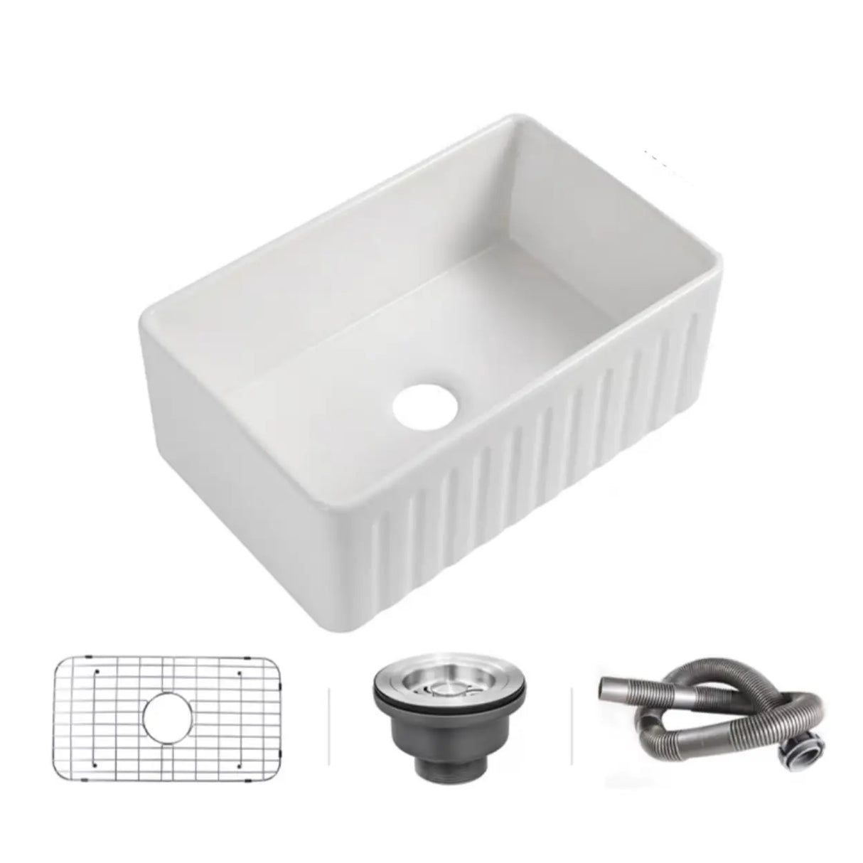 White Ceramic Stripe Kitchen Sink with Basket Strainer Image - 16