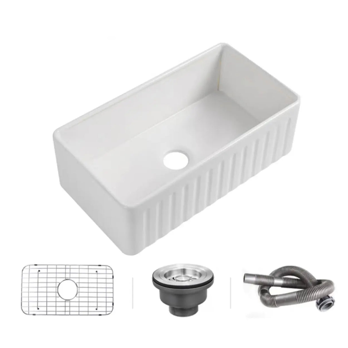 White Ceramic Stripe Kitchen Sink with Basket Strainer Image - 17