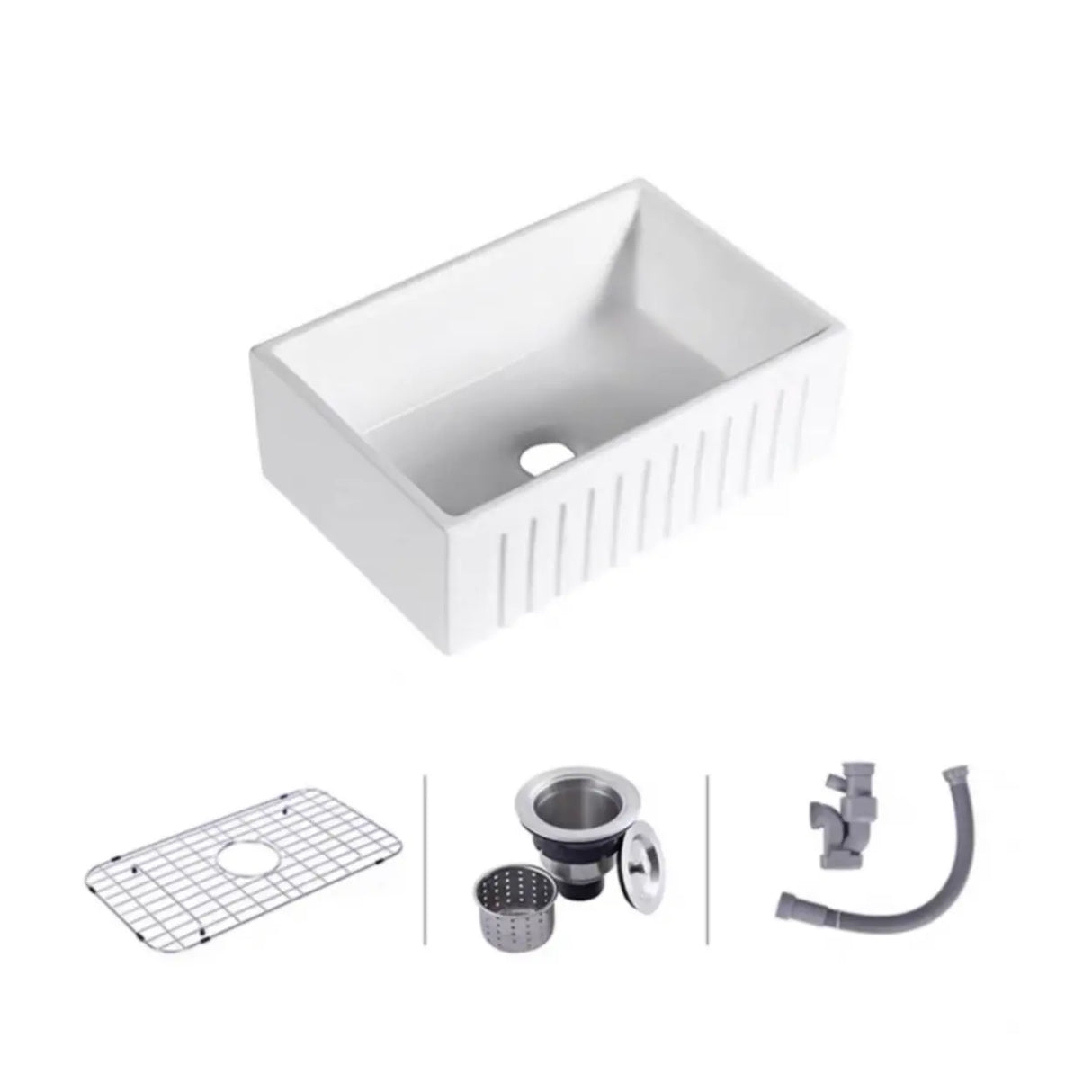 White Ceramic Stripe Kitchen Sink with Basket Strainer Image - 18