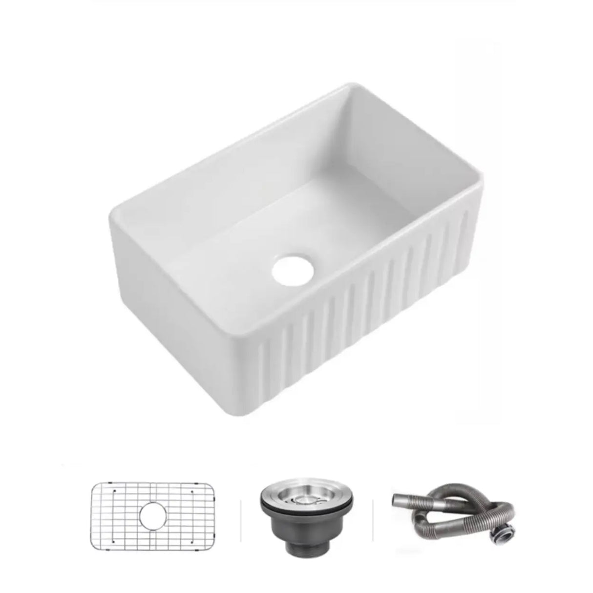 White Ceramic Stripe Kitchen Sink with Basket Strainer Image - 19