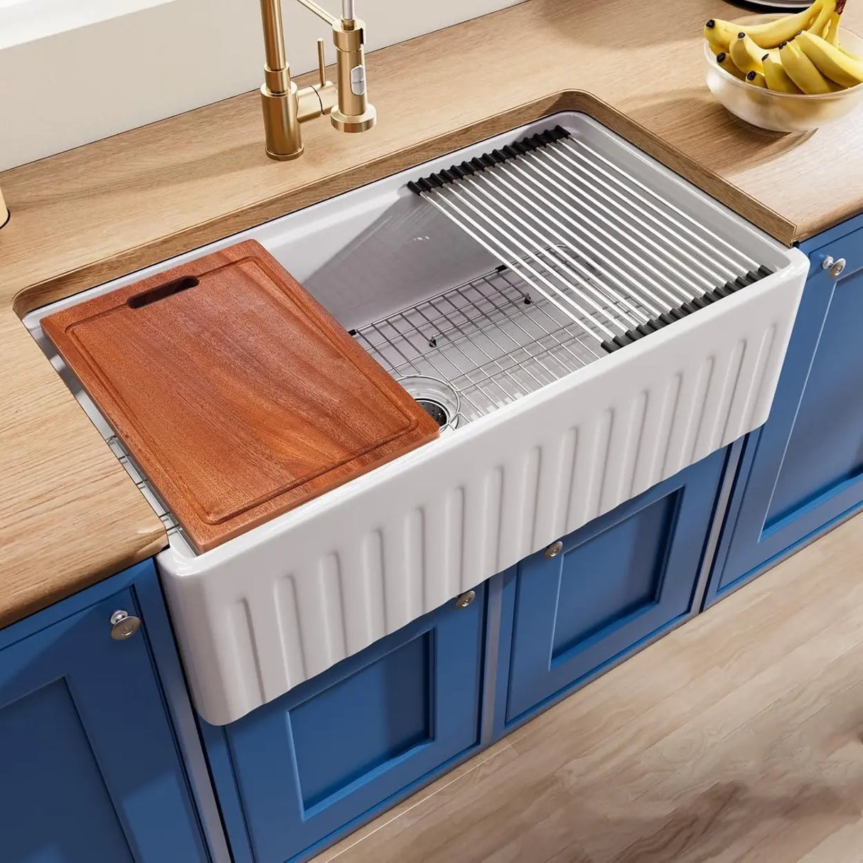 White Ceramic Stripe Kitchen Sink with Basket Strainer Image - 1