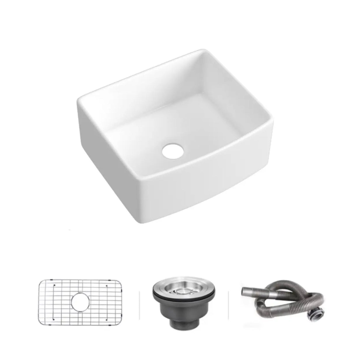 White Ceramic Stripe Kitchen Sink with Basket Strainer Image - 22