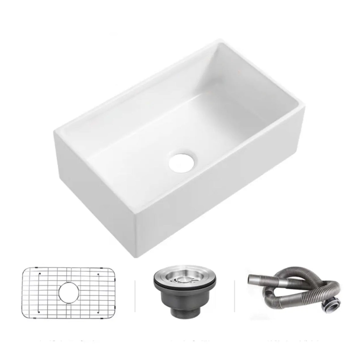 White Ceramic Stripe Kitchen Sink with Basket Strainer Image - 3