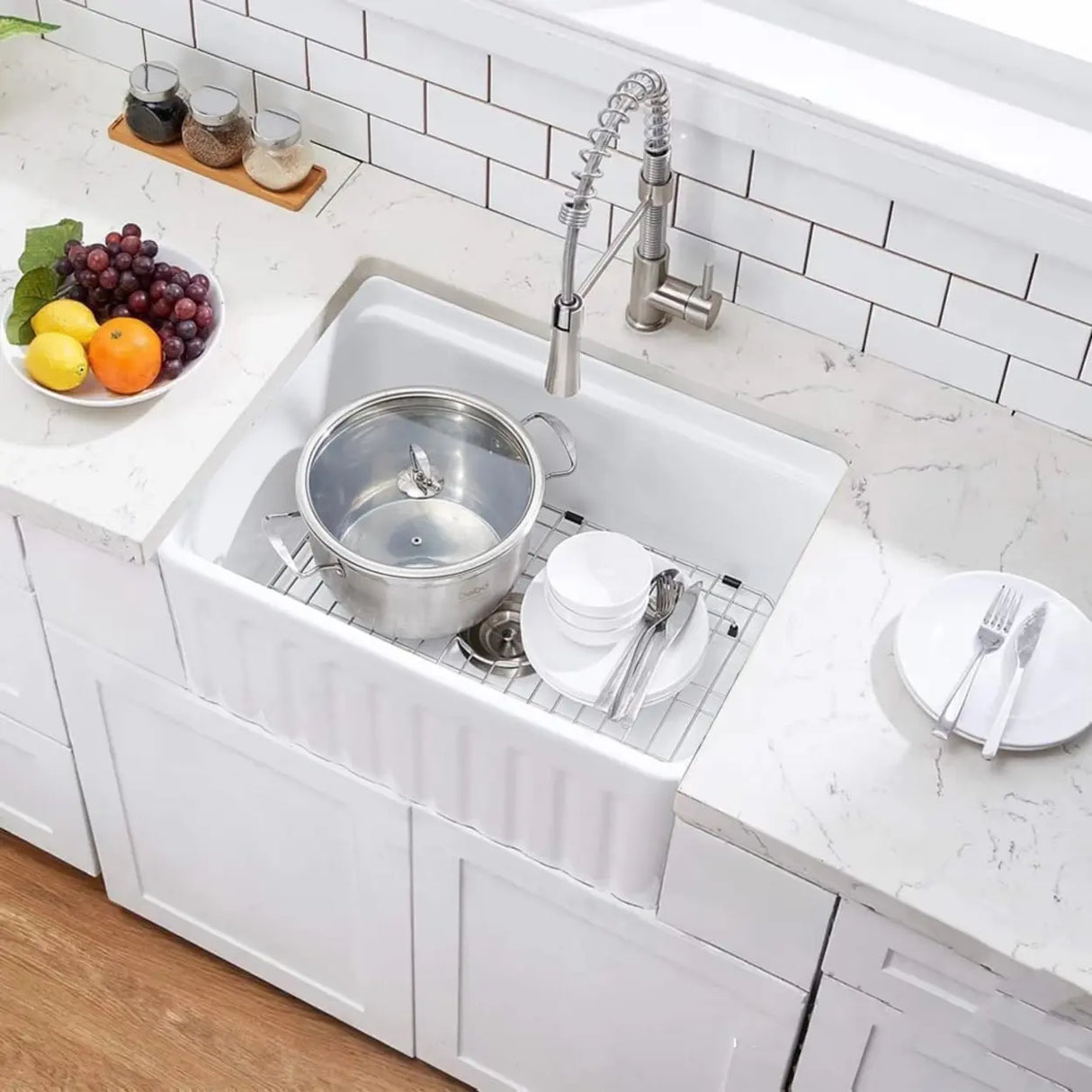 White Ceramic Stripe Kitchen Sink with Basket Strainer Image - 4