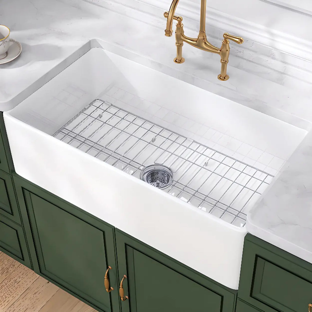 White Ceramic Stripe Kitchen Sink with Basket Strainer Image - 6