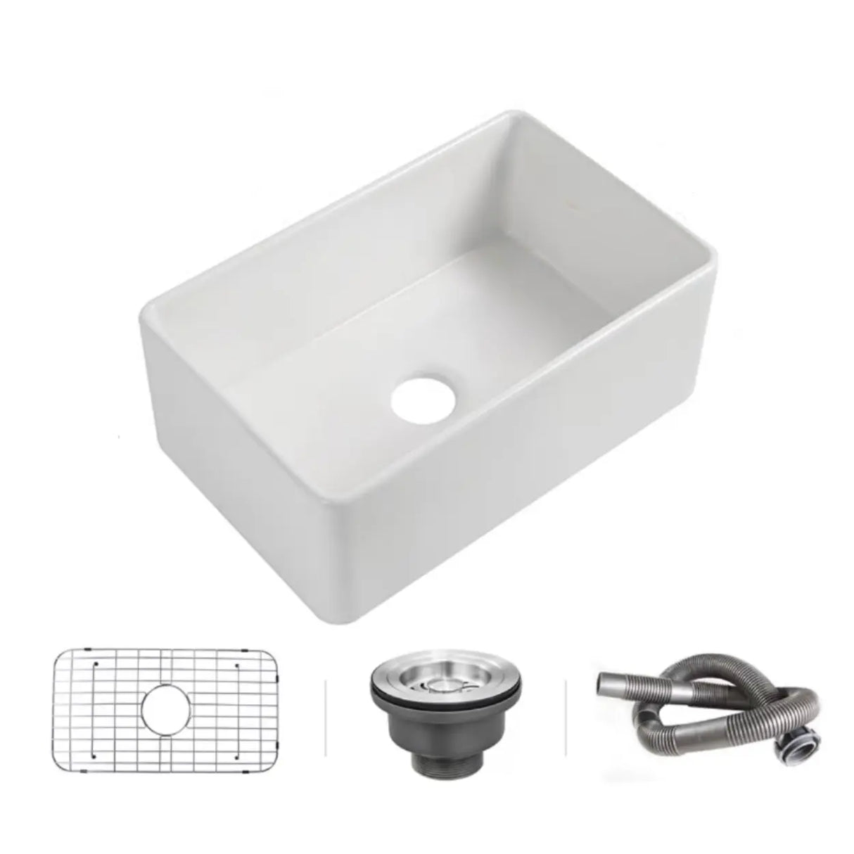 White Ceramic Stripe Kitchen Sink with Basket Strainer Image - 7