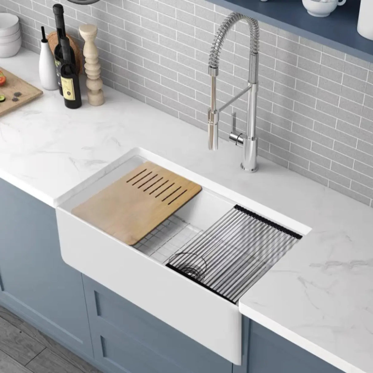 White Ceramic Stripe Kitchen Sink with Basket Strainer Image - 8