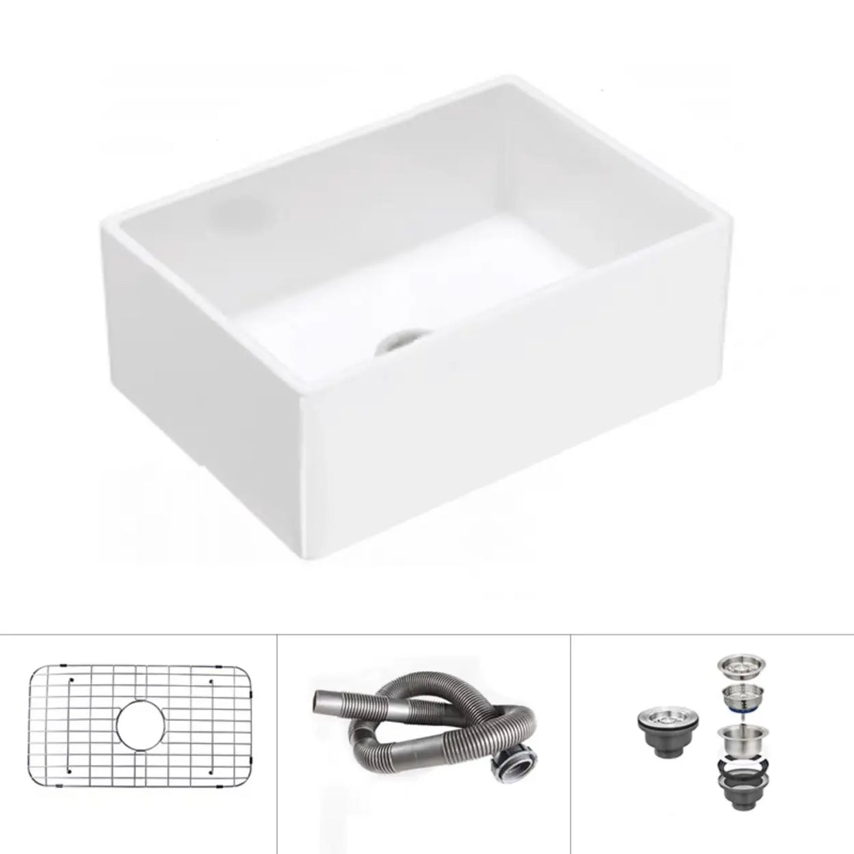 White Ceramic Stripe Kitchen Sink with Basket Strainer Image - 9