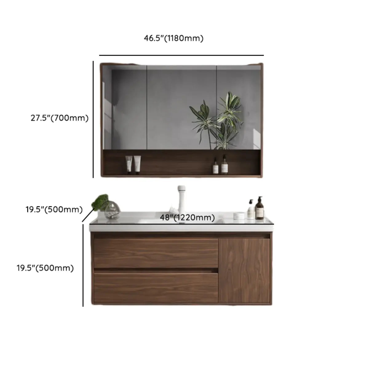 White Ceramic Top Sink Walnut Wood Storage Bathroom Vanity
