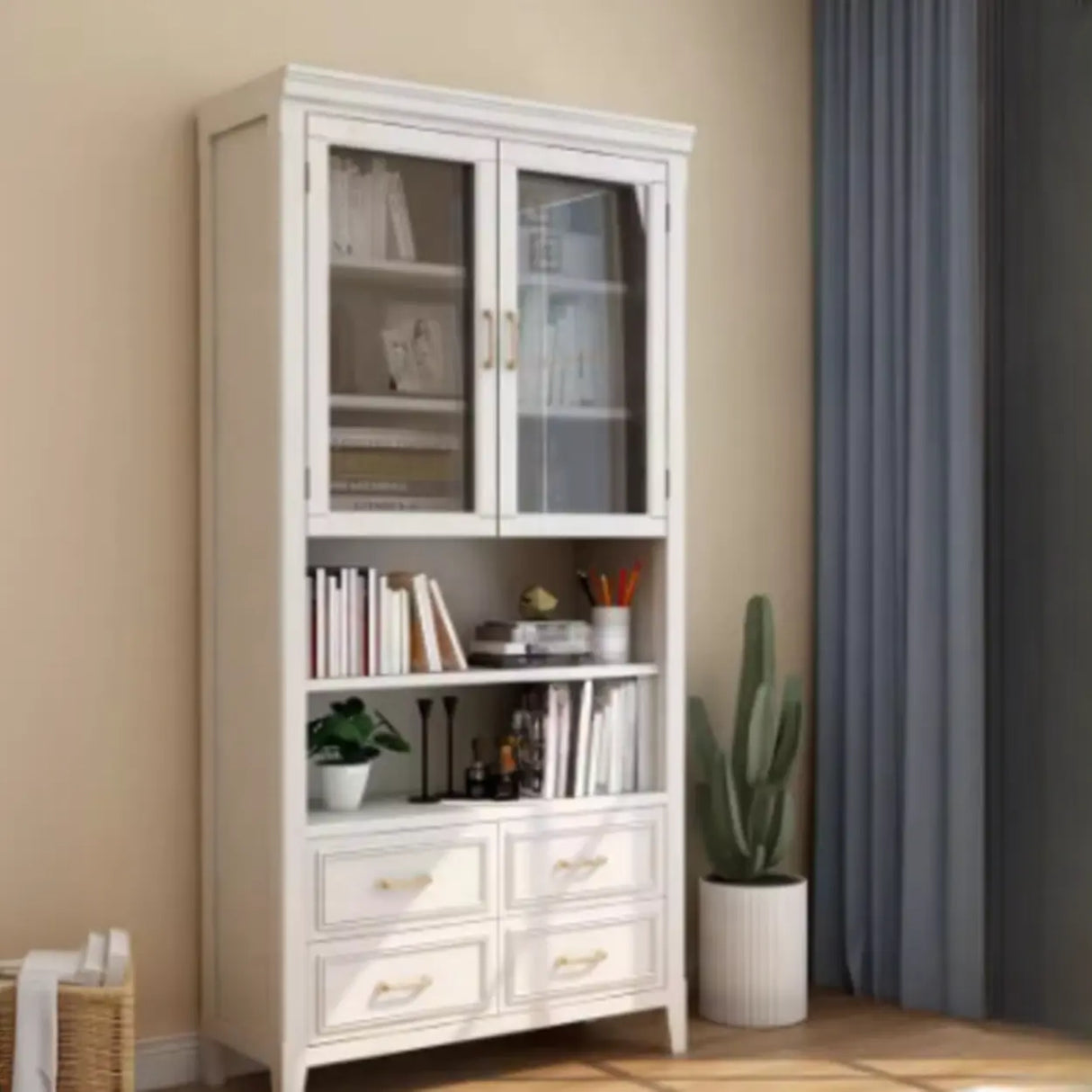 White Classic Closed Glass Doors Storage Bookcases Image - 1