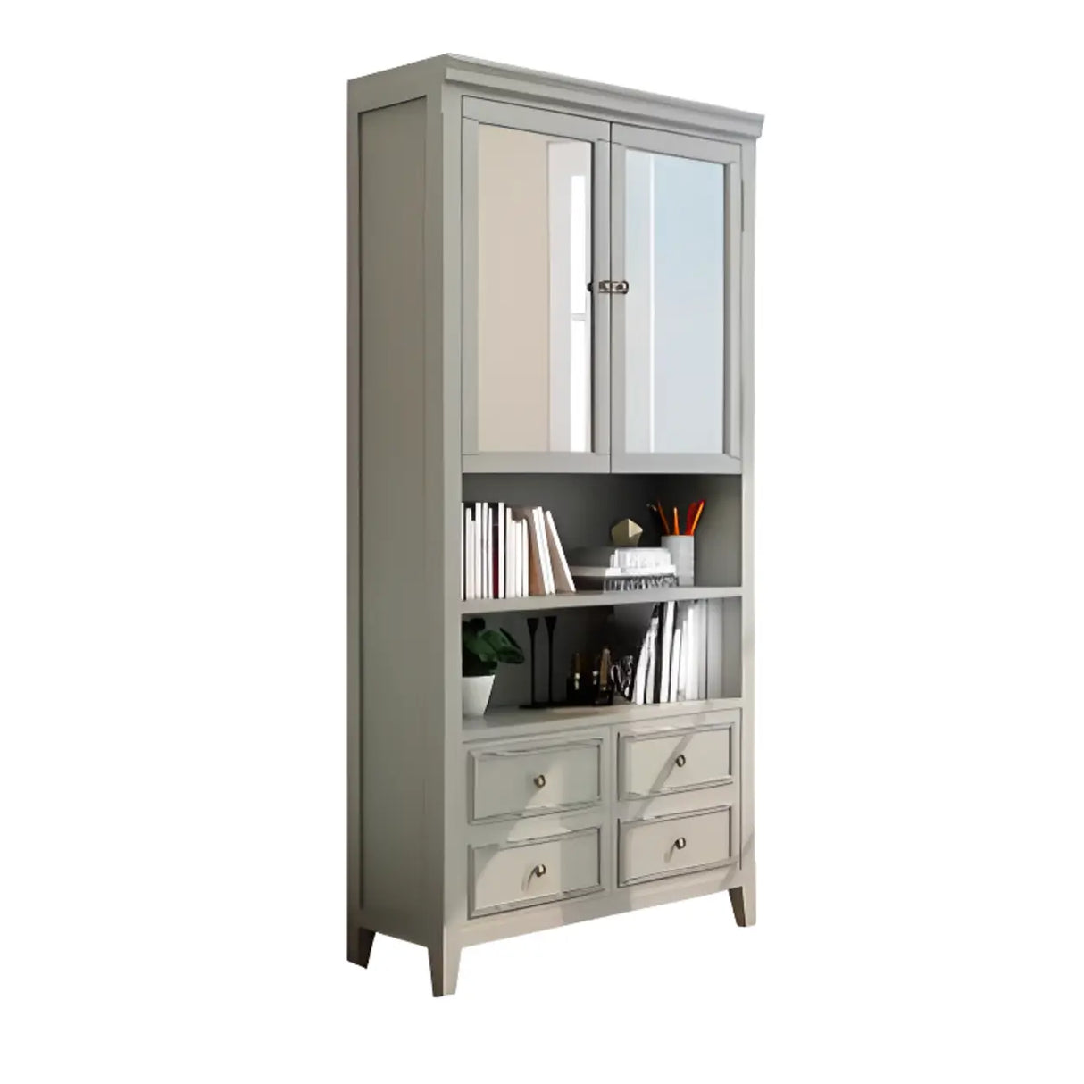 White Classic Closed Glass Doors Storage Bookcases Image - 6