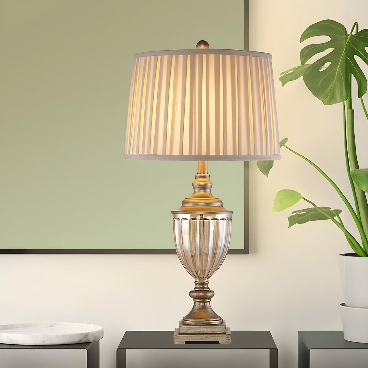 White Classical Style Art Vintage Brass Gold Table Lamp Image - 3