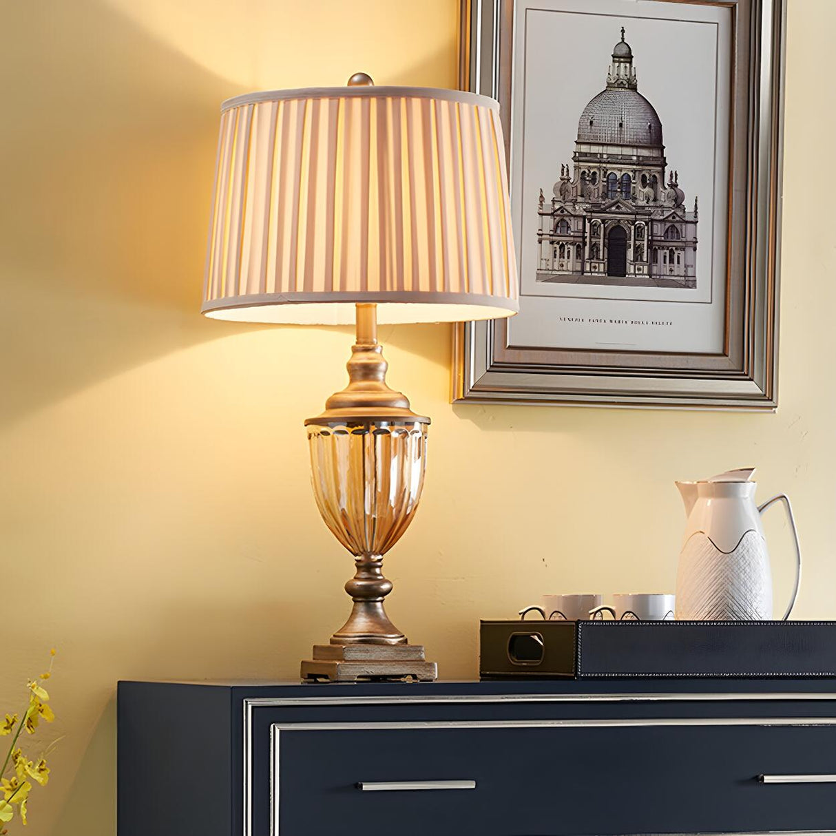 White Classical Style Art Vintage Brass Gold Table Lamp Image - 8