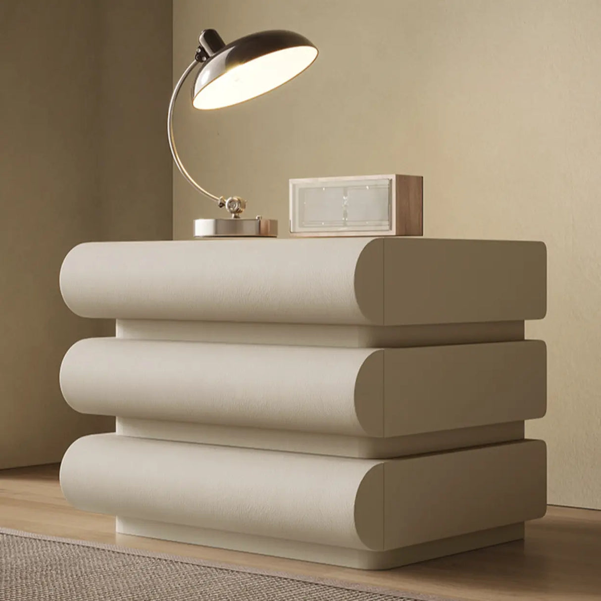 White Compact 3-Drawer Wood Faux Leather Nightstand Image - 3