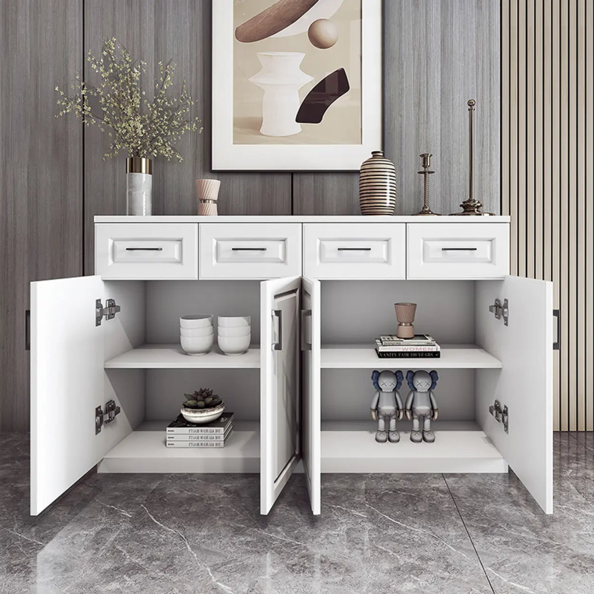 White Composite Wood Buffet with Drawers and Shelves Image - 1