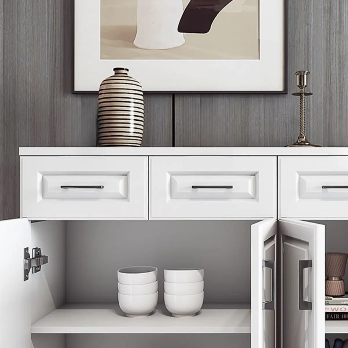 White Composite Wood Buffet with Drawers and Shelves Image - 12