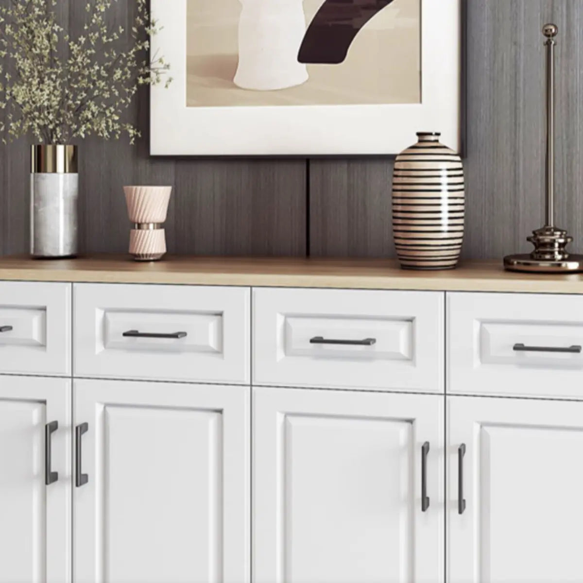 White Composite Wood Buffet with Drawers and Shelves Image - 13