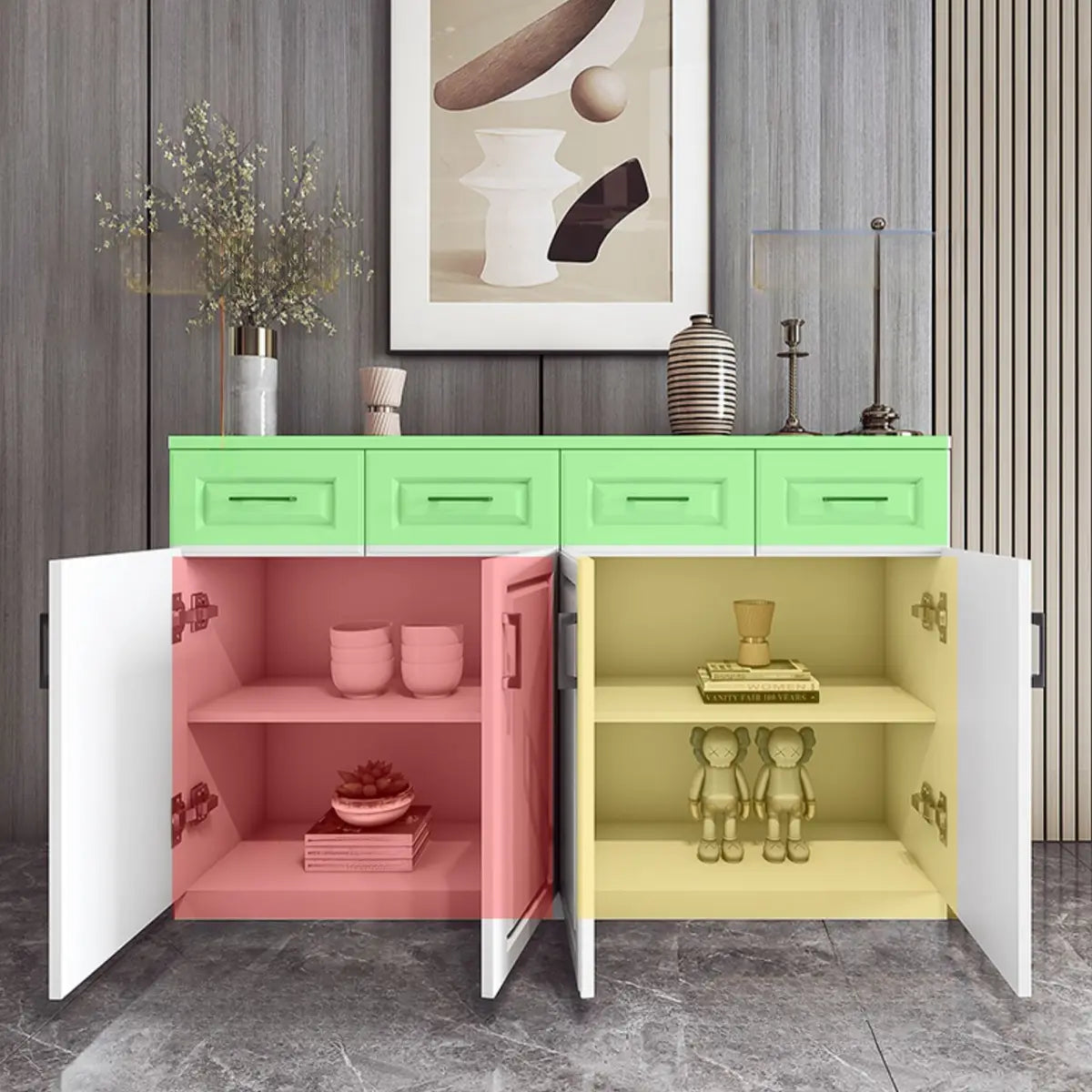 White Composite Wood Buffet with Drawers and Shelves Image - 14