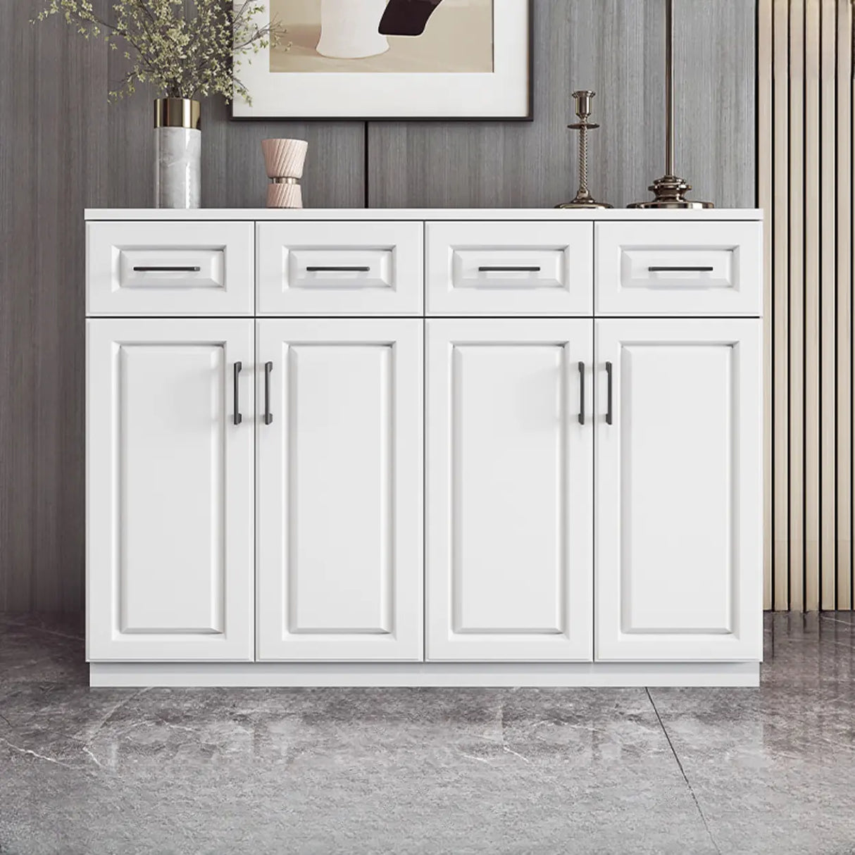 White Composite Wood Buffet with Drawers and Shelves Image - 2
