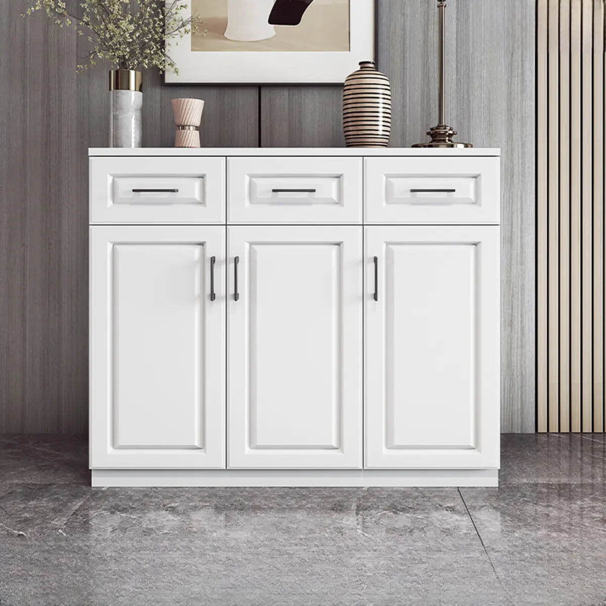 White Composite Wood Buffet with Drawers and Shelves Image - 3