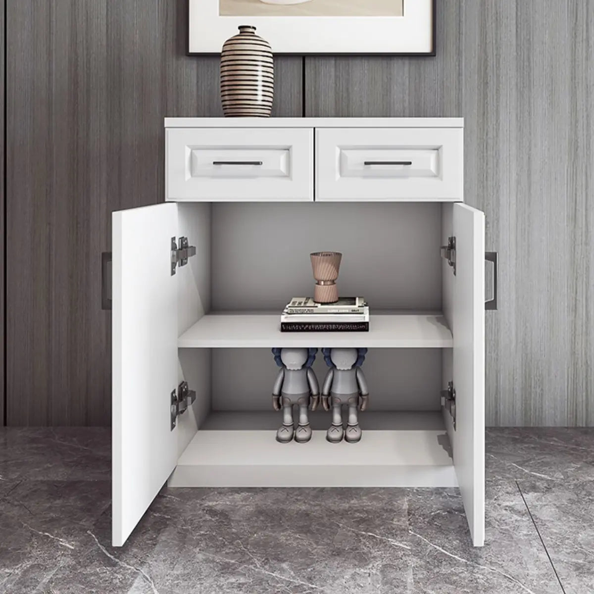 White Composite Wood Buffet with Drawers and Shelves Image - 4