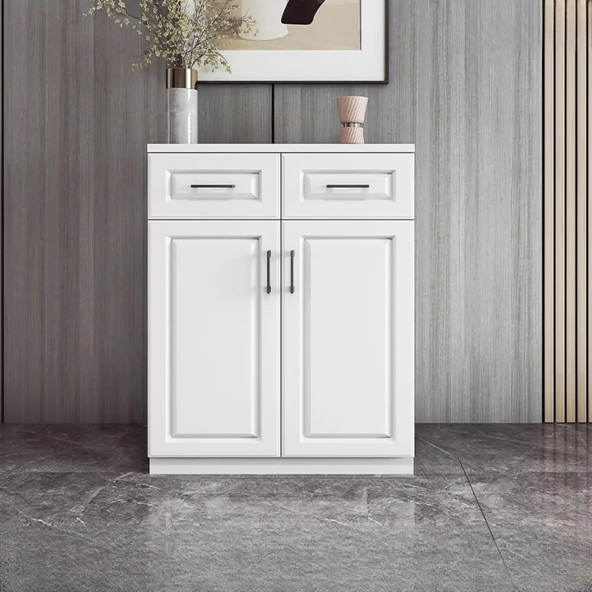 White Composite Wood Buffet with Drawers and Shelves Image - 5
