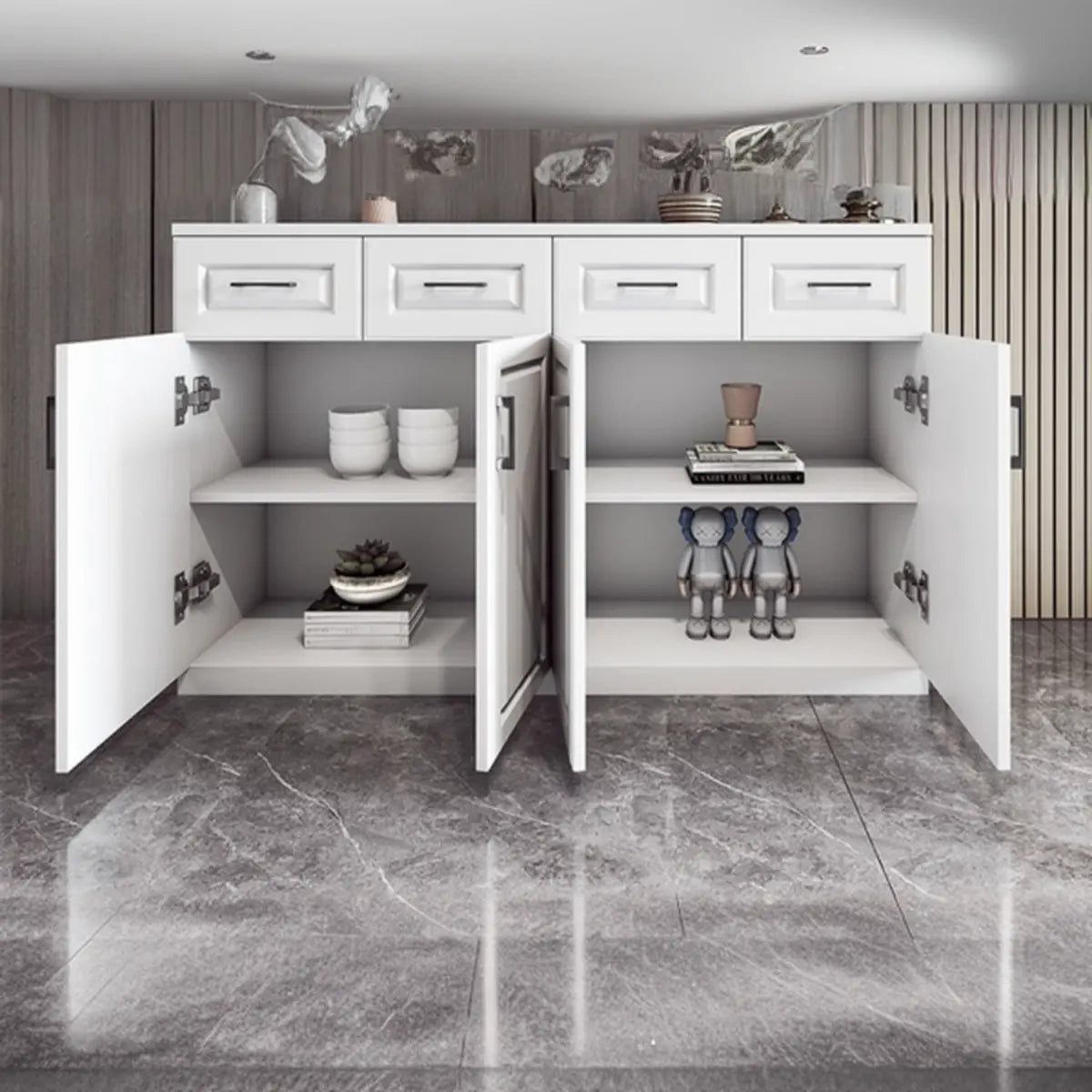 White Composite Wood Buffet with Drawers and Shelves Image - 6