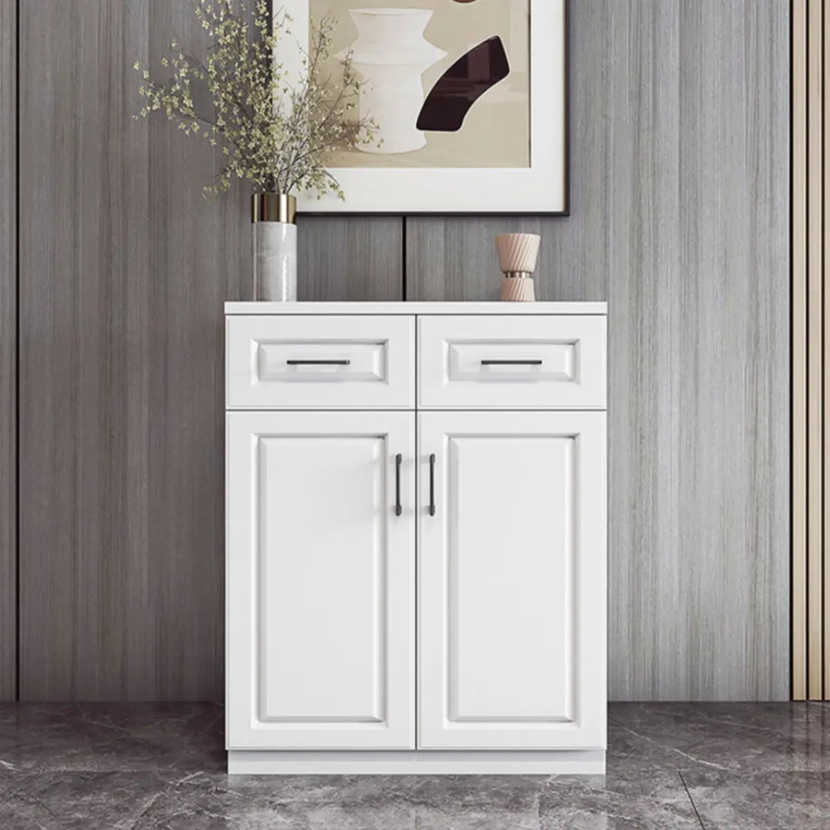 White Composite Wood Buffet with Drawers and Shelves Image - 7