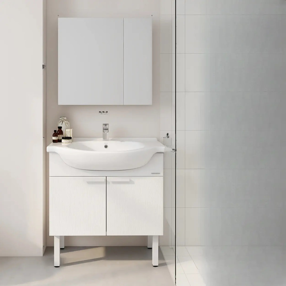 White Curved Ceramic Sink Bathroom Vanity with Cabinet Image - 1