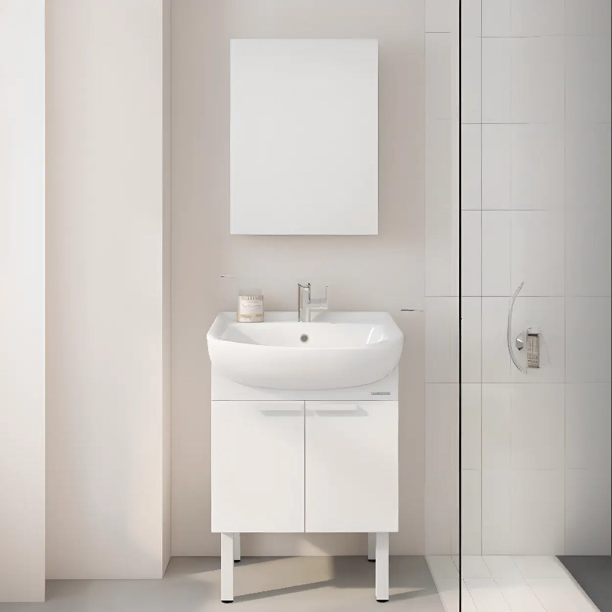 White Curved Ceramic Sink Bathroom Vanity with Cabinet Image - 2