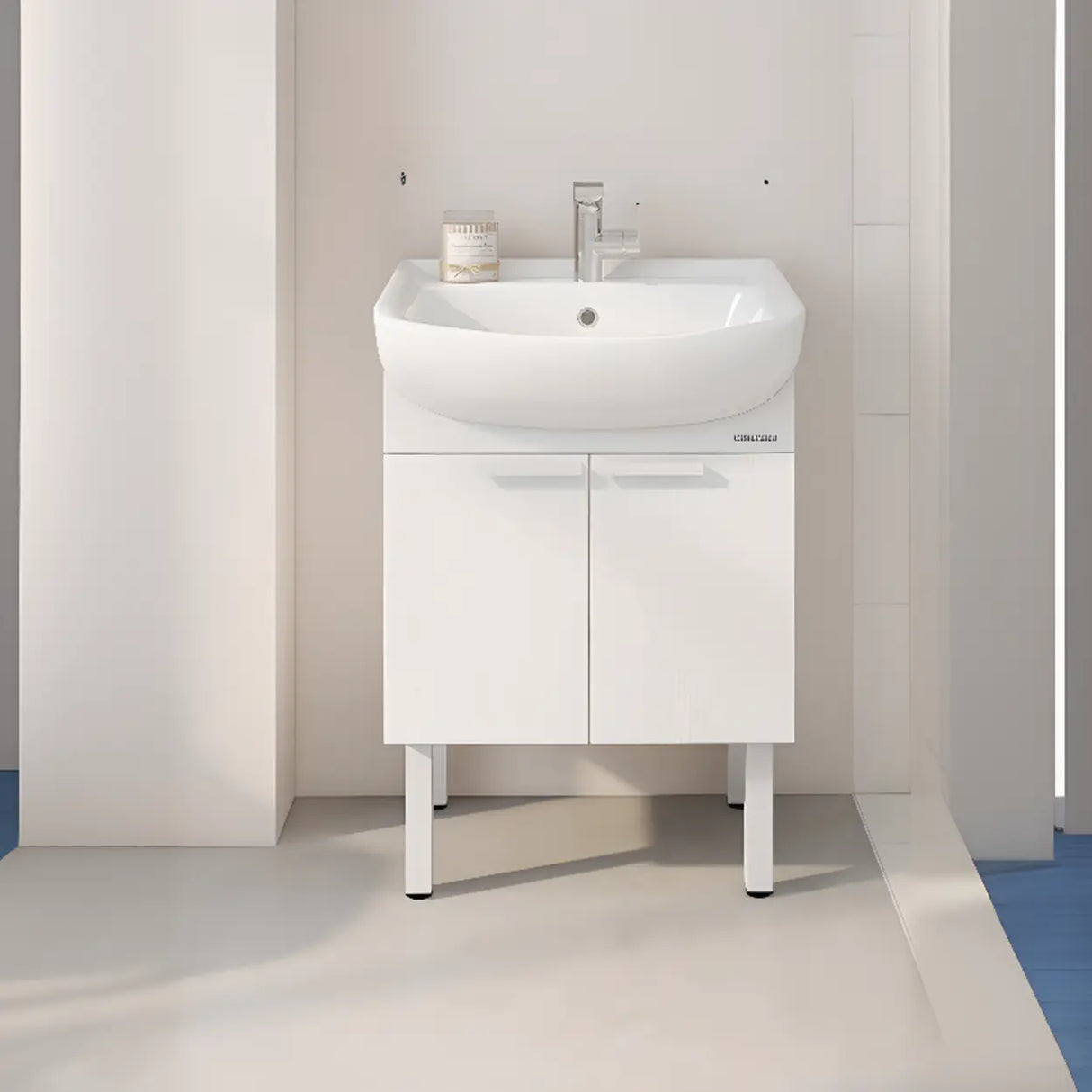 White Curved Ceramic Sink Bathroom Vanity with Cabinet Image - 3