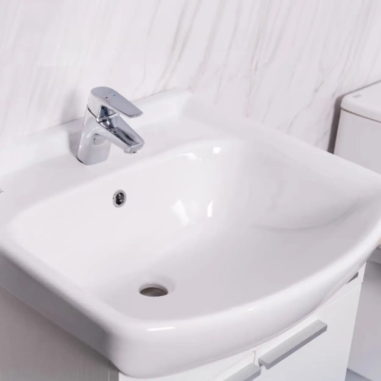 White Curved Ceramic Sink Bathroom Vanity with Cabinet Image - 9