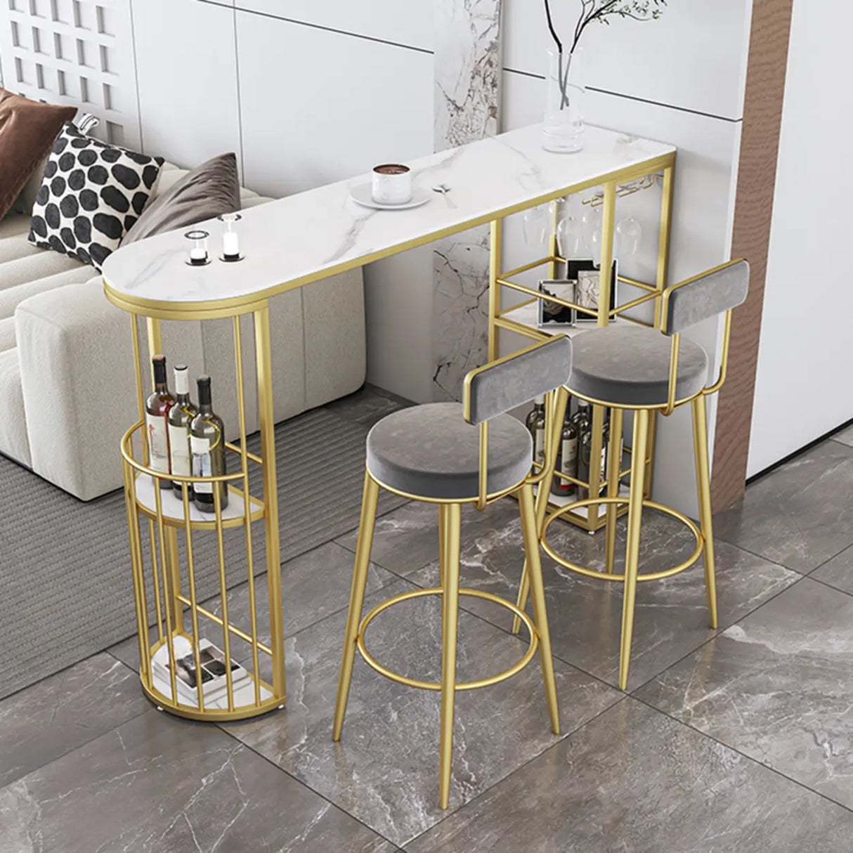 White Curved Metal Large Bar Table with Shelf Storage Image - 5