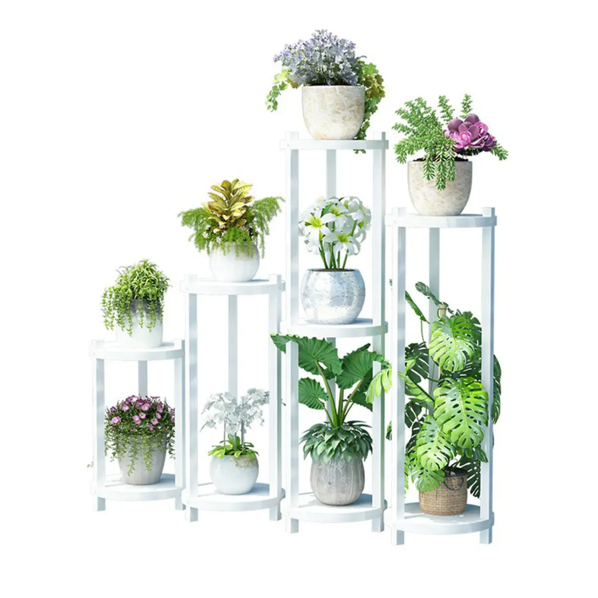 White Display Shelf Round Wood Multi-Tier Plant Stand Image - 10