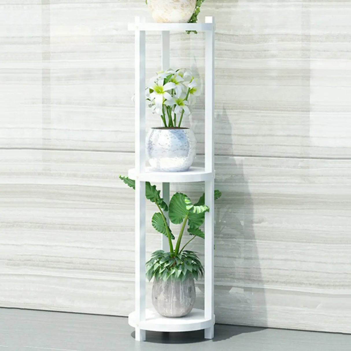 White Display Shelf Round Wood Multi-Tier Plant Stand Image - 24