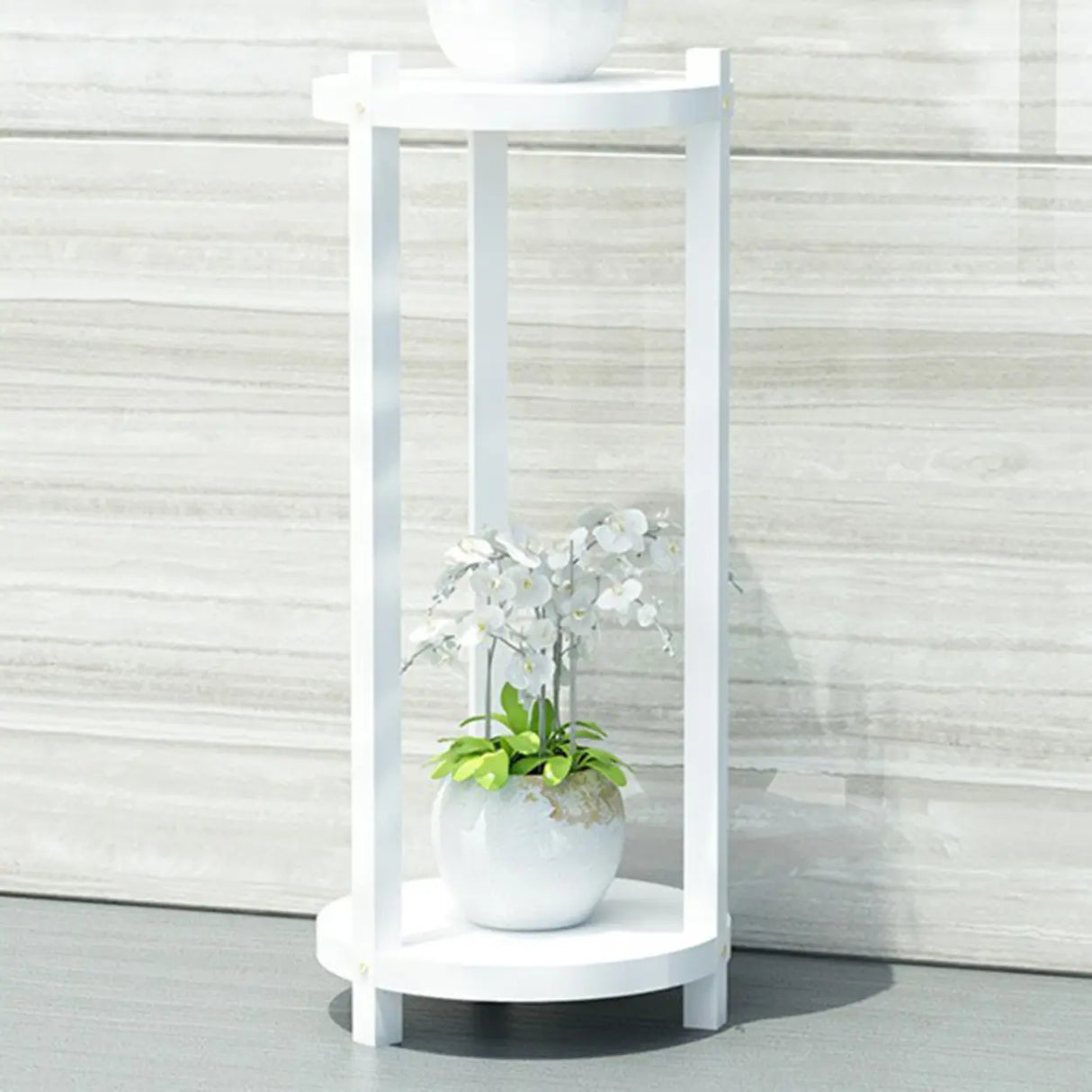White Display Shelf Round Wood Multi-Tier Plant Stand Image - 13