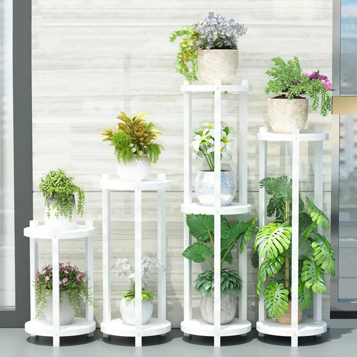 White Display Shelf Round Wood Multi-Tier Plant Stand Image - 1