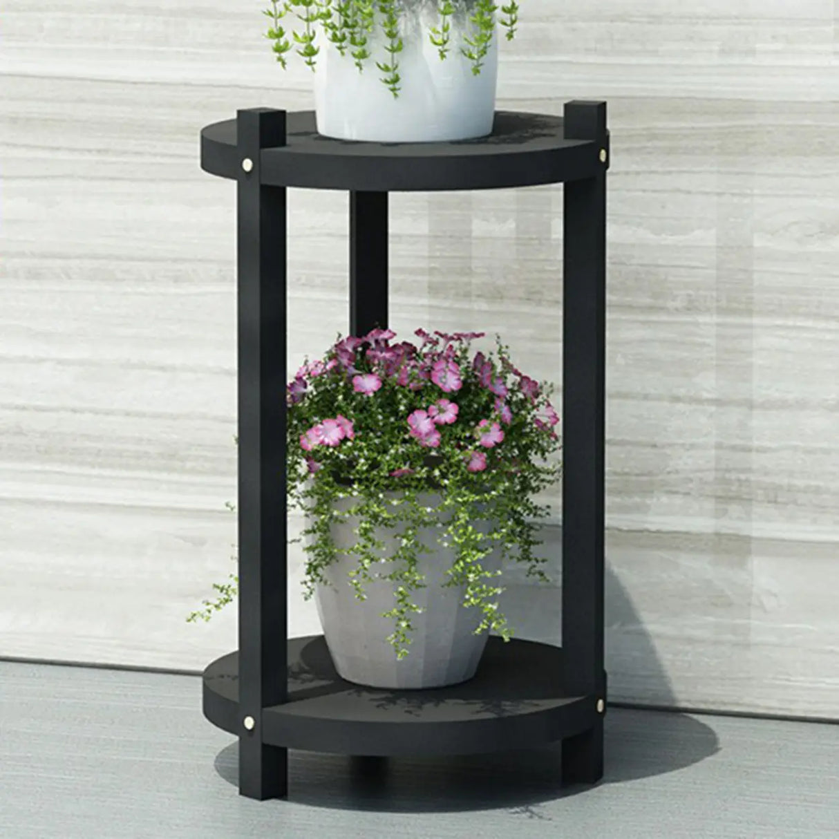 White Display Shelf Round Wood Multi-Tier Plant Stand Image - 2