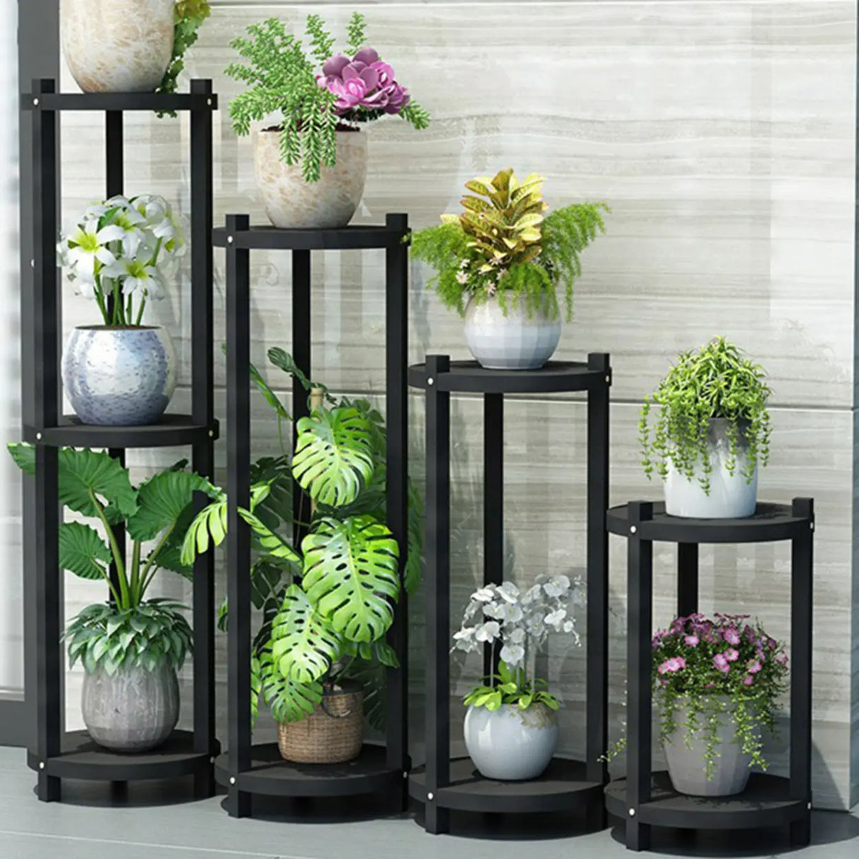 White Display Shelf Round Wood Multi-Tier Plant Stand Image - 3