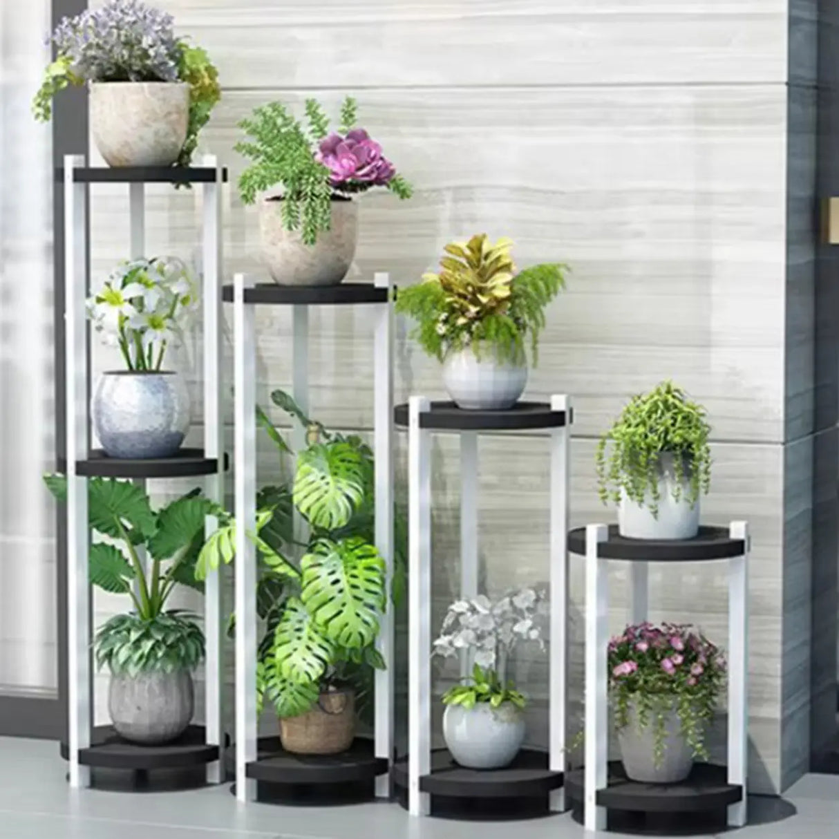 White Display Shelf Round Wood Multi-Tier Plant Stand Image - 17