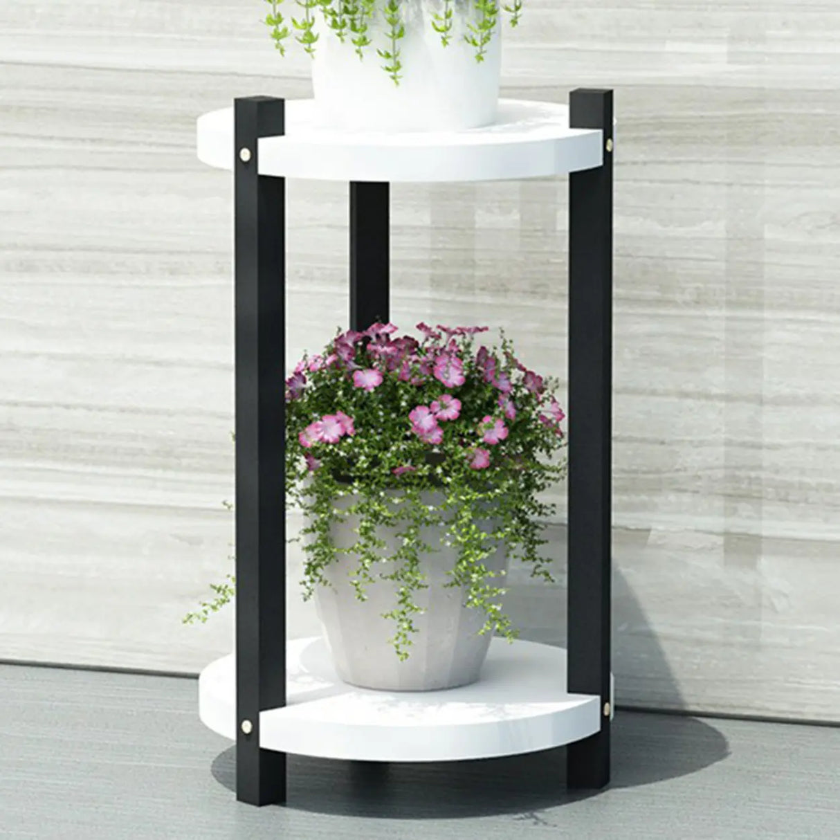 White Display Shelf Round Wood Multi-Tier Plant Stand Image - 4