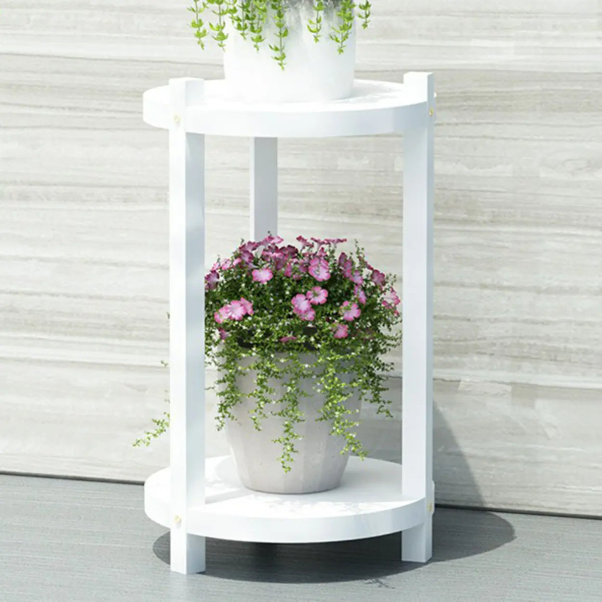 White Display Shelf Round Wood Multi-Tier Plant Stand Image - 5