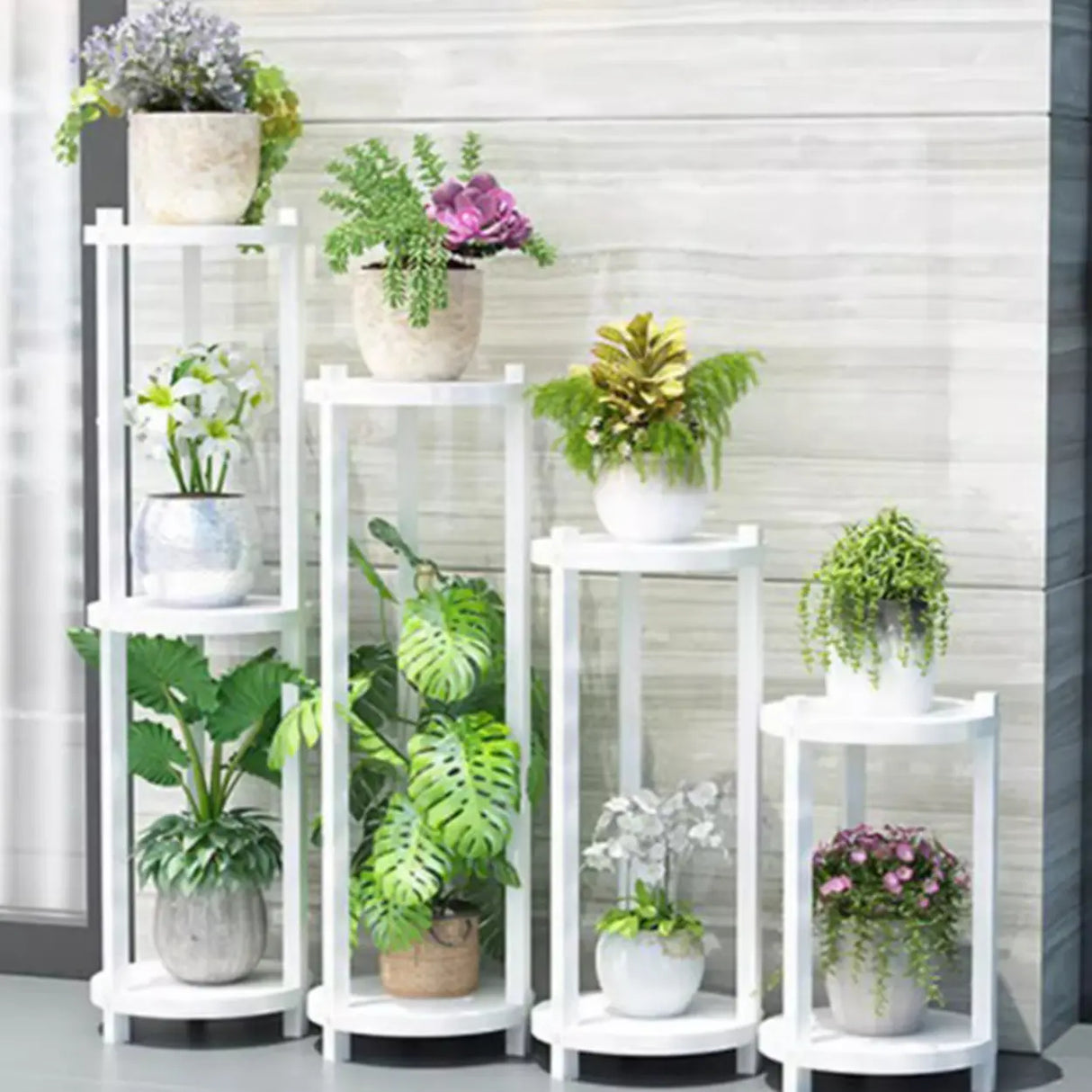 White Display Shelf Round Wood Multi-Tier Plant Stand Image - 6