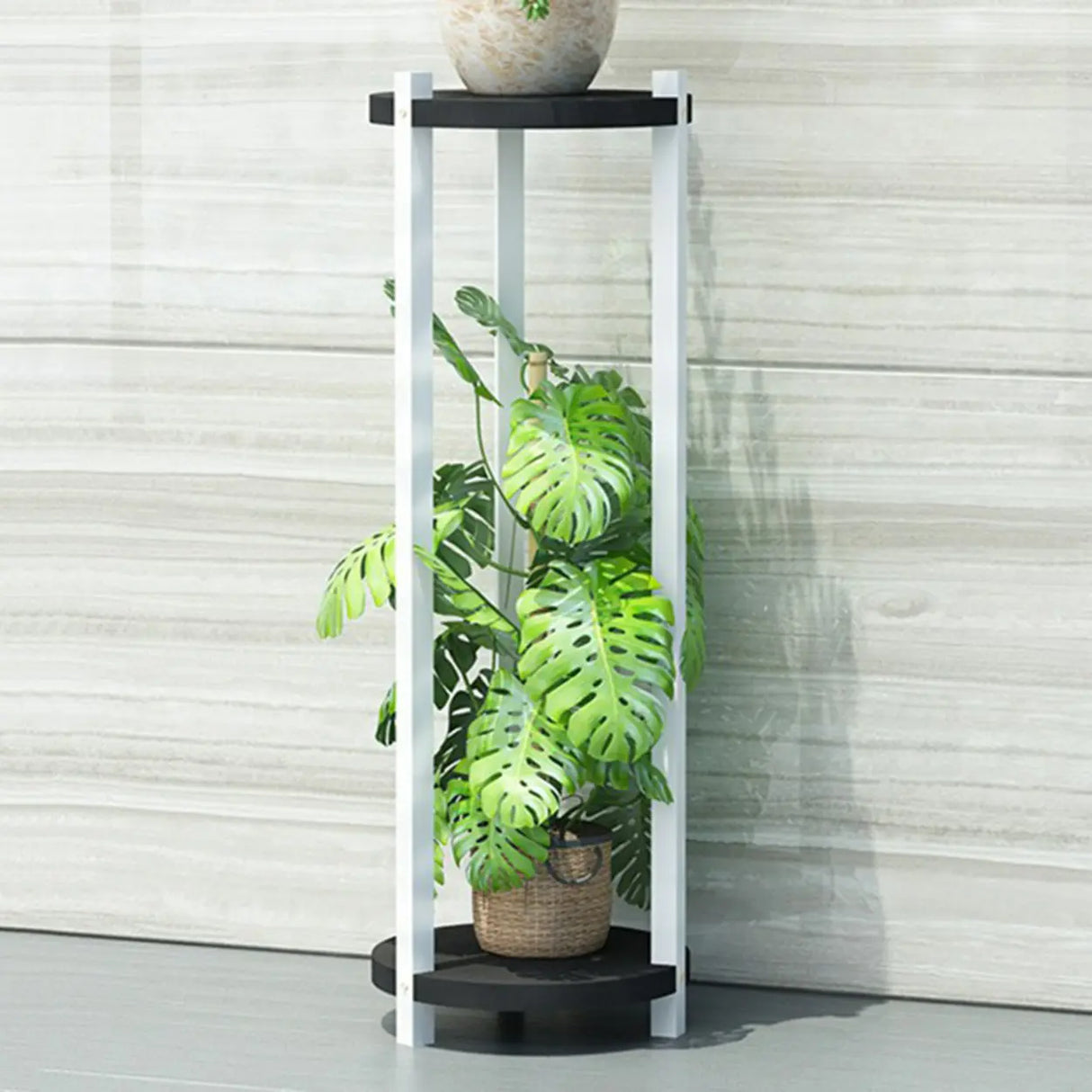 White Display Shelf Round Wood Multi-Tier Plant Stand Image - 21