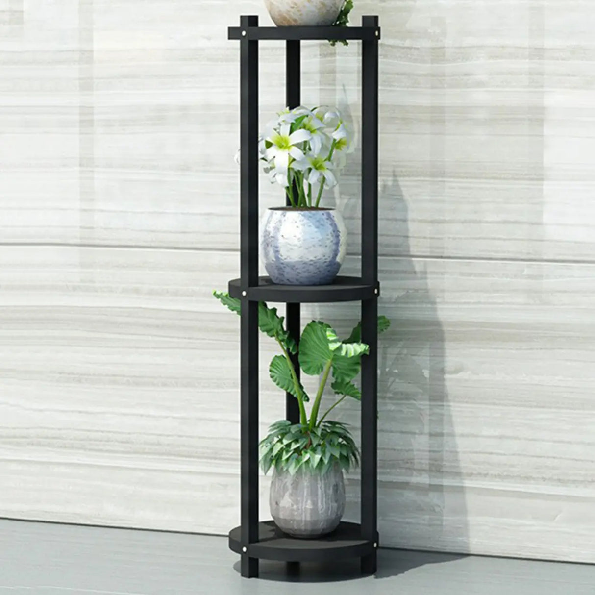 White Display Shelf Round Wood Multi-Tier Plant Stand Image - 22