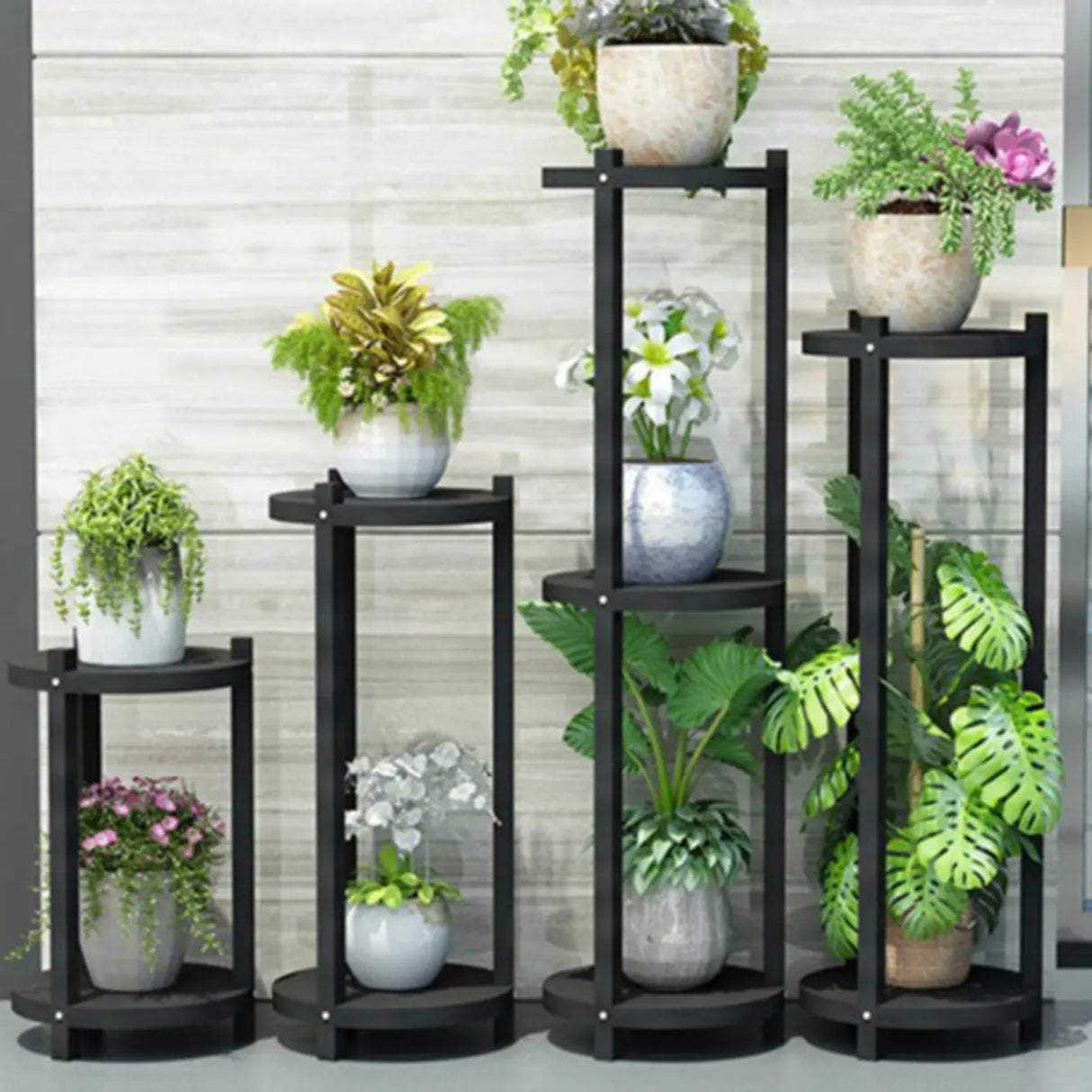 White Display Shelf Round Wood Multi-Tier Plant Stand Image - 8